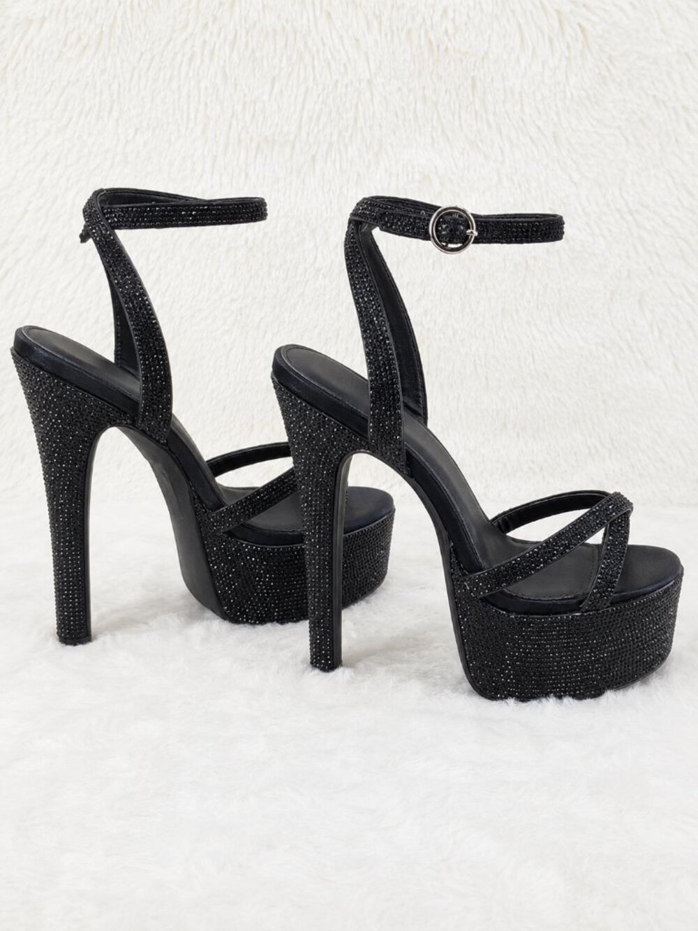 NIB Bejeweled Pandora Black Sparkling Rhinestone Platform 6.5" Heels Shoes